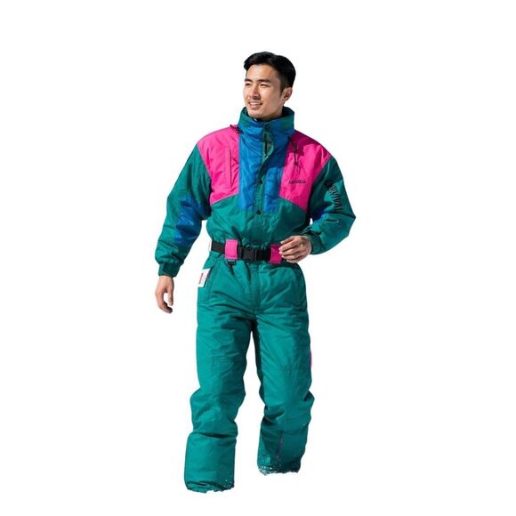 Vintage Nevica Ski Suit One Piece Snowsuit Snow Bib Neon 90s Retro Pink Teal 36 - Picture 1 of 16